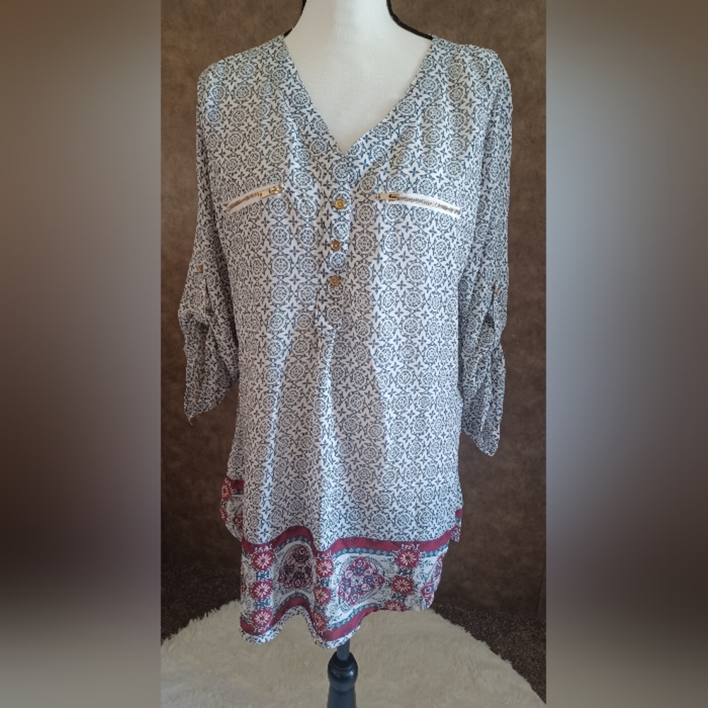 Women's Geometric Multicolor Tunic 3/4 Sleeve Shirt By Rue 21 Size XL